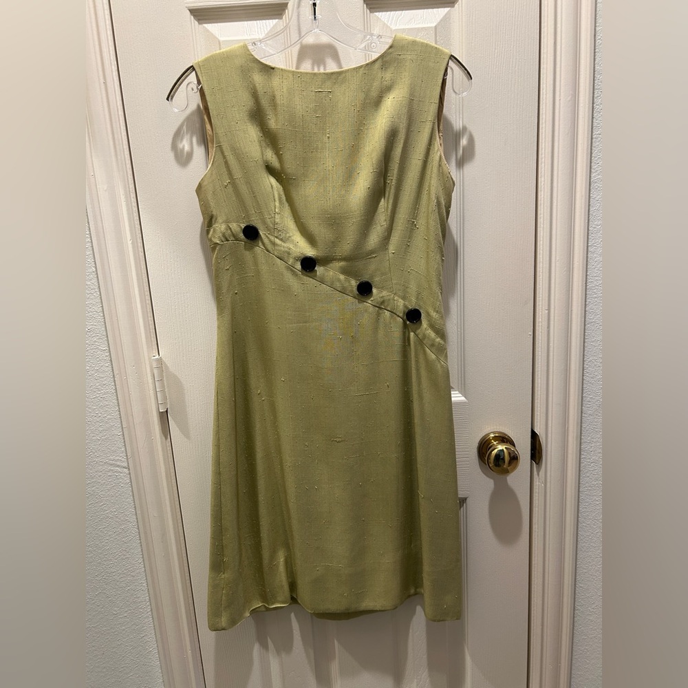 Sleeveless Silk Sage Shift 1960s Dress with Diagonal Button Detail